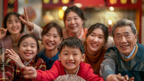 Photo of living room in Asian home celebrating New Year with group of people sitting happily on sofa and looking at camera.