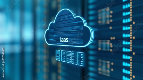 Conceptual image of cloud computing with IaaS service symbol, representing data storage and modern technology infrastructure.