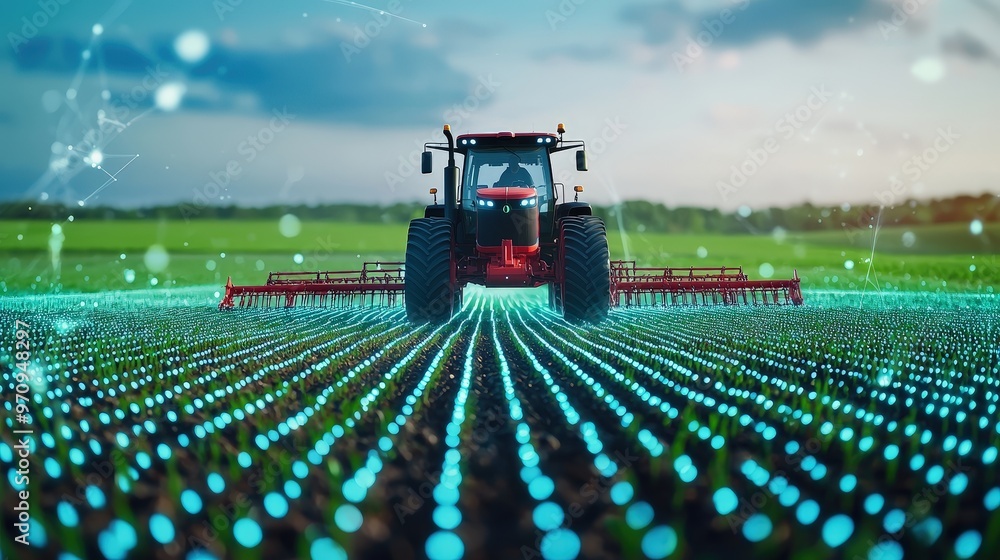 Autonomous tractors plowing fields in a high-tech farm Autonomous tractors plowing fields in a high-tech farm