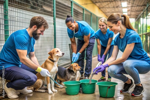 Fototapeta Naklejka Na Ścianę i Meble -  Volunteers caring for dogs at animal shelter: community service and compassionate care