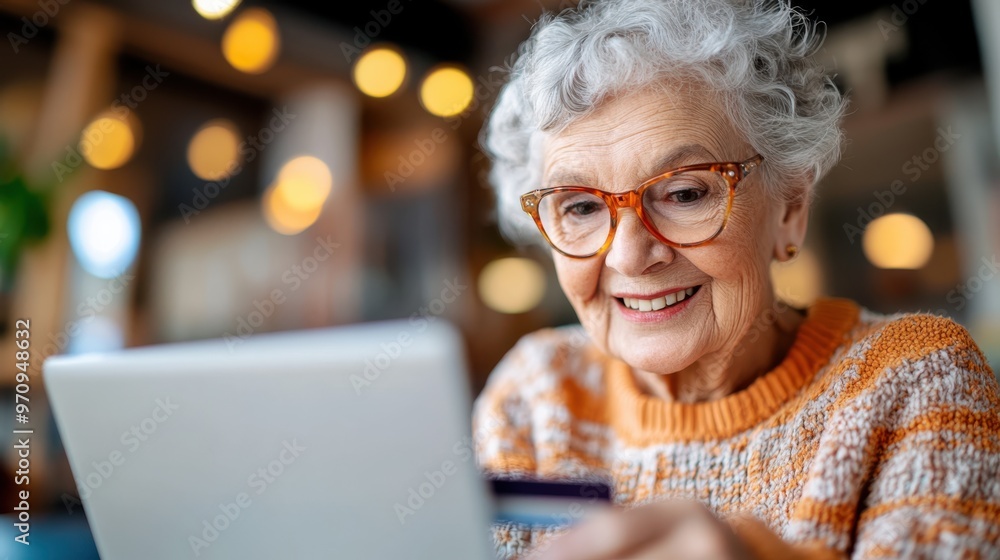 An elderly woman in a stylish outfit and orange glasses smiles warmly as she interacts with her laptop at home, showcasing her comfort and engagement with technology. An elderly woman in a stylish outfit and orange glasses smiles warmly as she interacts with her laptop at home, showcasing her comfort and engagement with technology.
