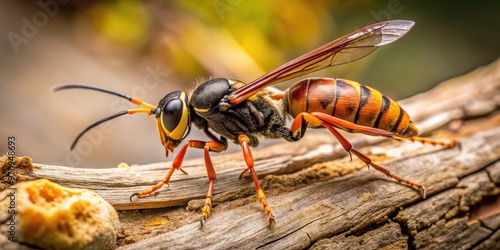 A close-up shot of a wood wasp, also known as a horntail, on a tree trunk, showcasing its distinctive body shape and ovipositor for egg-laying. photo