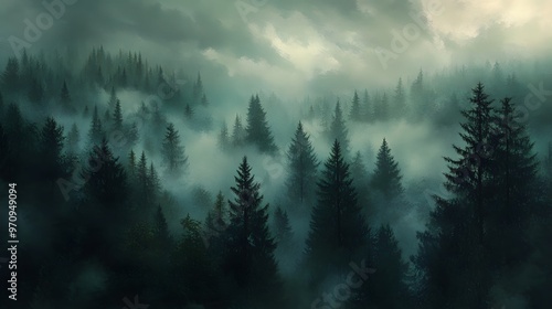 A Misty Evergreen Forest Under a Cloudy Sky