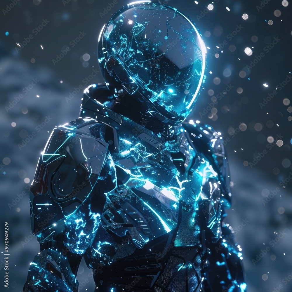 Fototapeta premium Majestic cyborg warrior with a powerful futuristic presence stands amidst a surreal digitally rendered landscape wielding glowing energies and exuding an aura of advanced technology and innovation