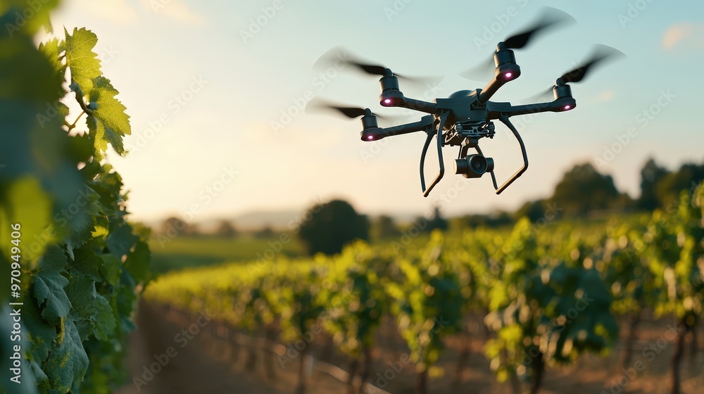A drone flying over a vineyard, collecting data on grape ripeness A drone flying over a vineyard, collecting data on grape ripeness