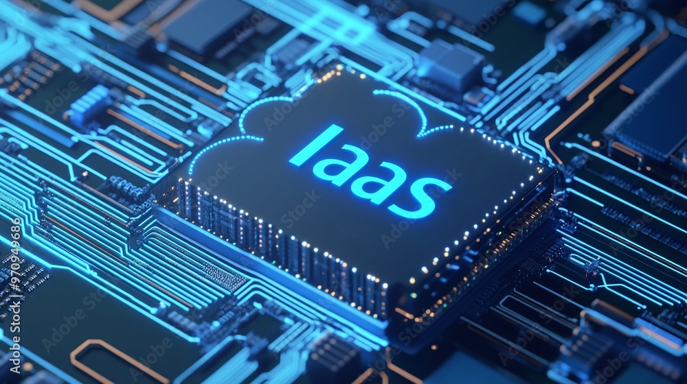 High-tech digital circuit board with an IaS cloud logo symbolizing modern infrastructure and technology solutions. High-tech digital circuit board with an IaS cloud logo symbolizing modern infrastructure and technology solutions.