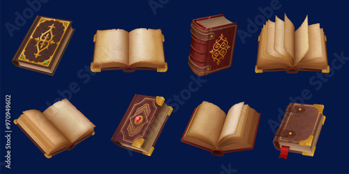 Medieval game book icons, ancient magic spellbook and fantasy manuscript. vector open and closed fantasy grimoires for fairytale wizard or witch with ornate leather covers, bookmarks and gemstones