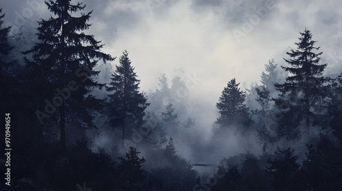 A Foggy Forest Scene with Silhouetted Pine Trees