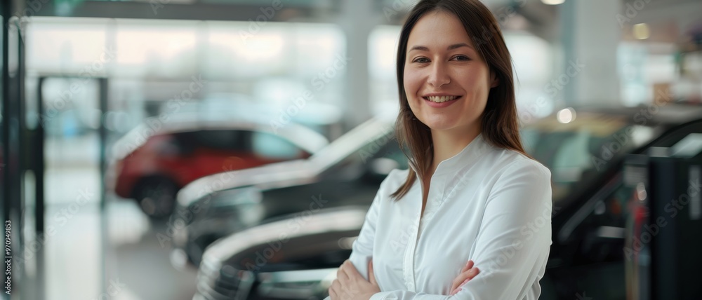 A cheerful woman with crossed arms stands in a car dealership, showcasing a professional environment filled with vehicles. A cheerful woman with crossed arms stands in a car dealership, showcasing a professional environment filled with vehicles.