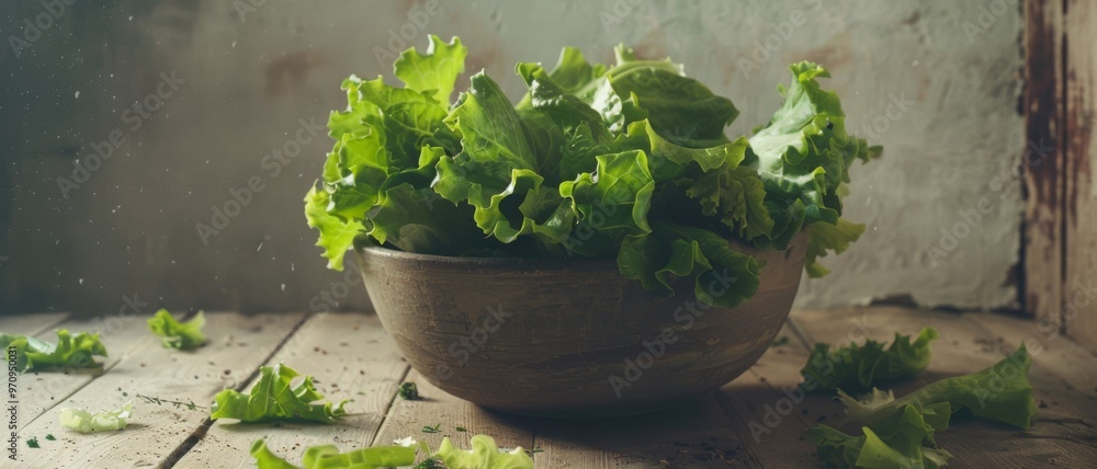 A large wooden bowl brimming with fresh, green lettuce resting on a rustic table, creating an inviting culinary scene. A large wooden bowl brimming with fresh, green lettuce resting on a rustic table, creating an inviting culinary scene.