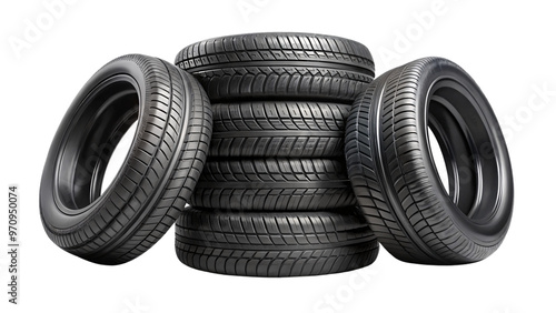 A stack of six black tires arranged in a pyramid formation, showcasing a smooth tread pattern on each tire, under bright lighting, against on a transparent background