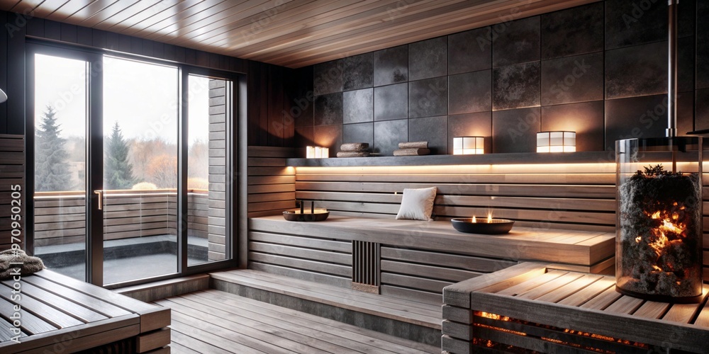 Fototapeta premium Tranquil modern sauna interior with wooden accents and warm lighting for relaxation and wellness