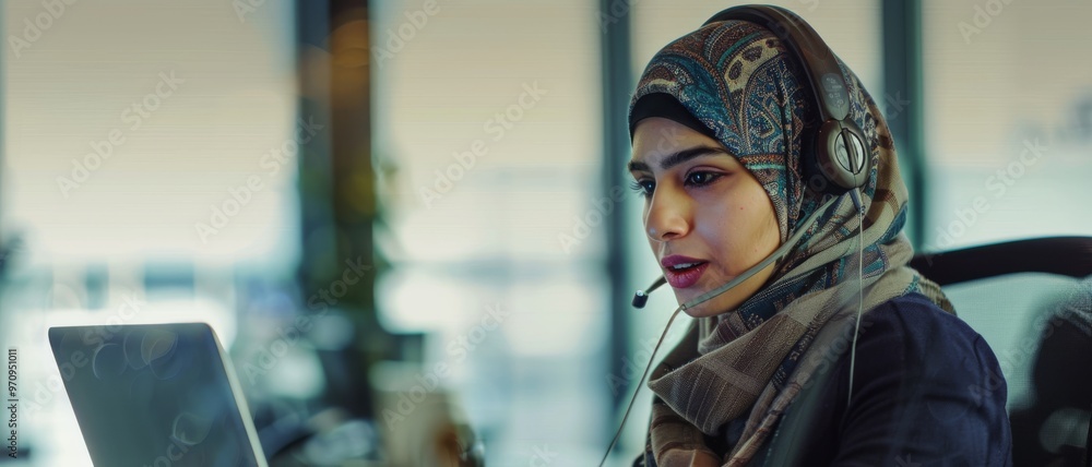 Obraz premium A dedicated customer service representative wearing a headset, communicates attentively in a modern office, symbolizing support, professionalism, and the technology-driven workplace.