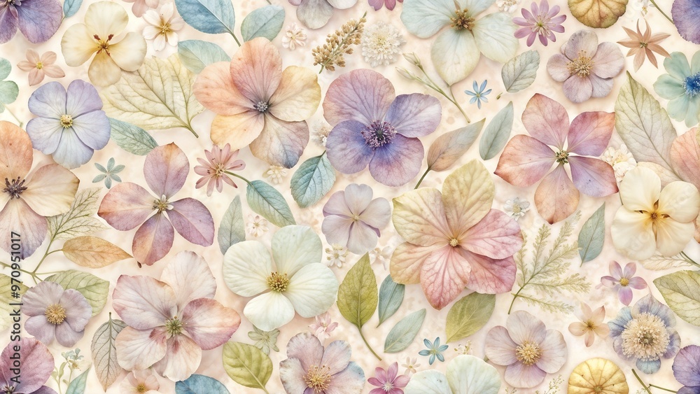 Pressed flower petals in pastel colors creating a delicate floral design Pressed flower petals in pastel colors creating a delicate floral design