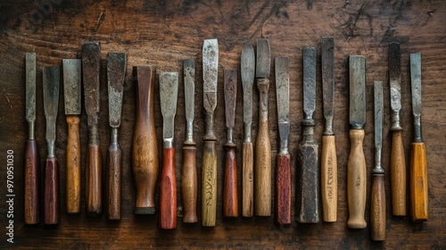 A Collection of Vintage Chisels on a Wooden Surface