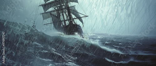 A majestic old ship battles stormy seas, its sails catching fierce winds and rain, embodying resilience amidst nature's fury.