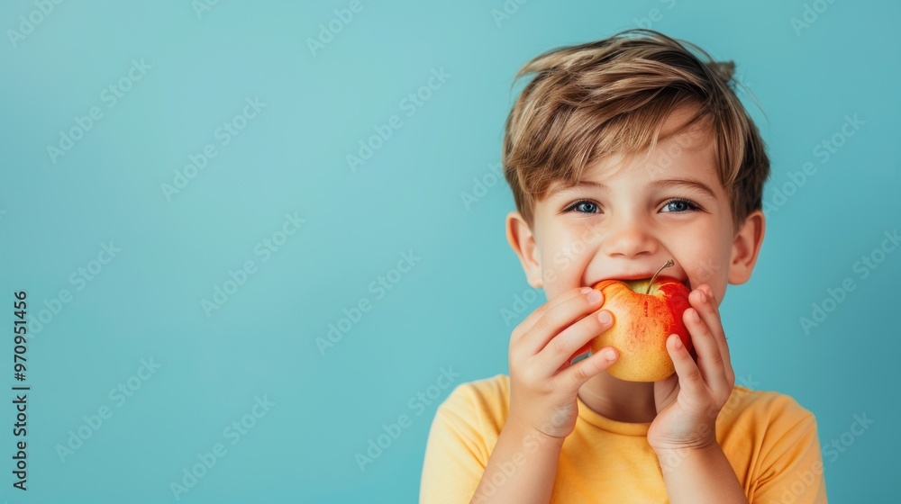 A boy holding and eating a fresh ripe apple A boy holding and eating a fresh ripe apple
