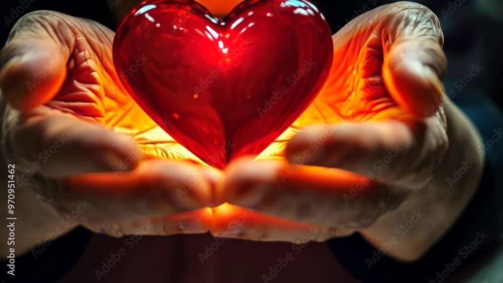 An elderly person's hands, appearing weathered yet gentle, cradle a red heart sculpture emitting a warm glow. The image conveys a heartfelt sentiment, likely captured indoors in a low-light setting.