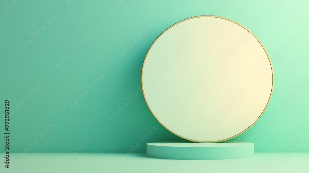 Vertical mirror on a pastel gold background reflecting green surface. Minimal geometric surreal template Vertical mirror on a pastel gold background reflecting green surface. Minimal geometric surreal template
