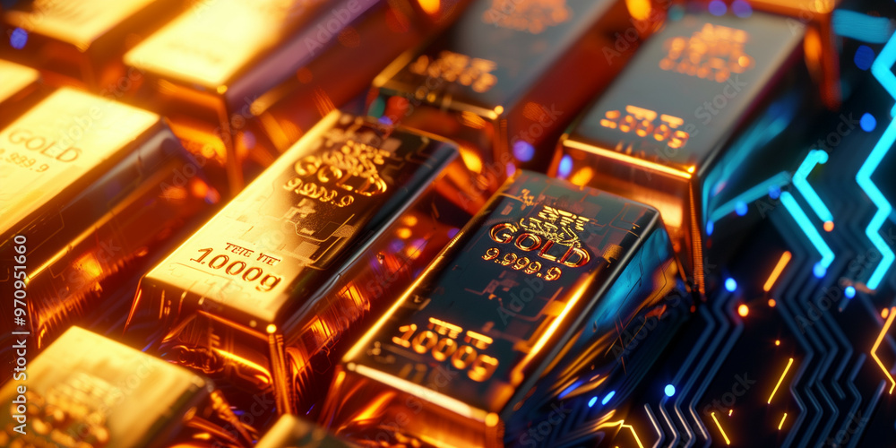 An artistic representation showcasing a collection of gold bars illuminated by vibrant, futuristic blue and orange circuit patterns, evoking a sense of wealth in a high-tech world An artistic representation showcasing a collection of gold bars illuminated by vibrant, futuristic blue and orange circuit patterns, evoking a sense of wealth in a high-tech world