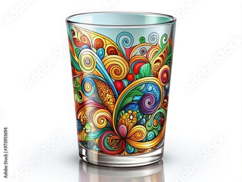 A colorful, whimsical illustration of a stylized tumbler glass with intricate patterns and swirling shapes, adorned with a metallic clip, on a crisp white background.