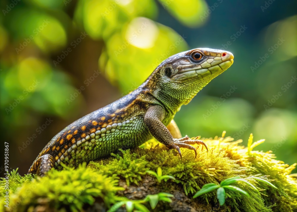 A common viviparous lizard, Zootoca vivipara, perches on a moss-covered rock in a lush forest, its scaly skin glistening in the dappled sunlight. A common viviparous lizard, Zootoca vivipara, perches on a moss-covered rock in a lush forest, its scaly skin glistening in the dappled sunlight.