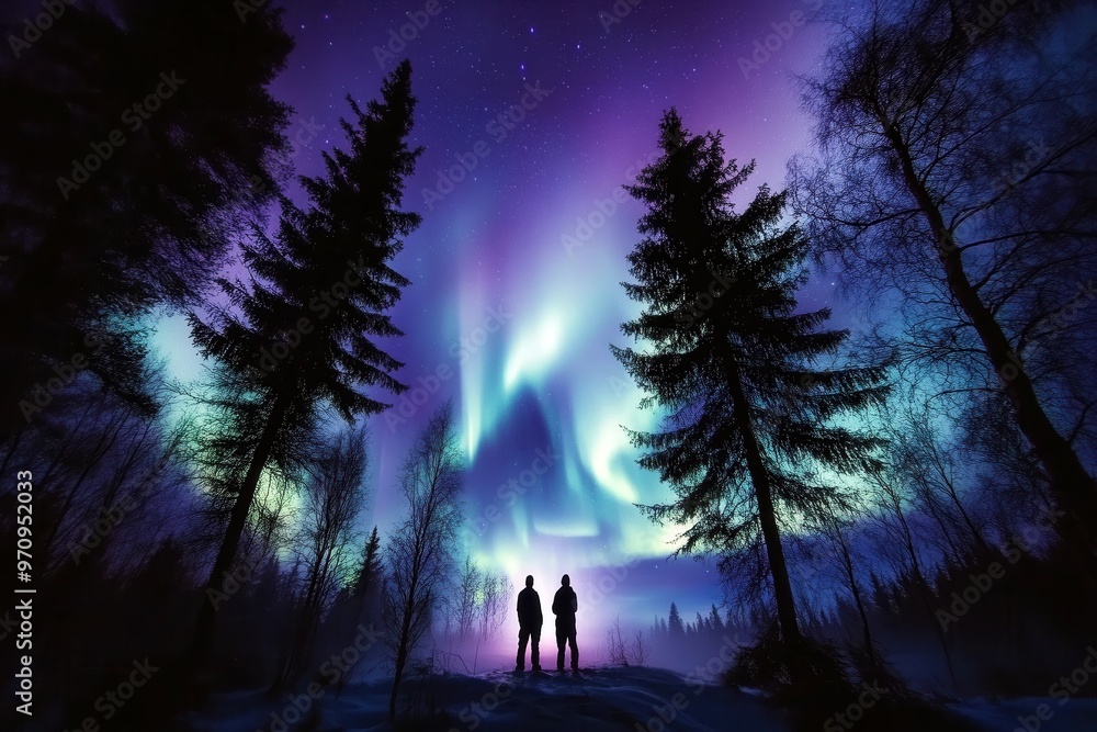 two people silhouetted under northern lights in a forest two people silhouetted under northern lights in a forest