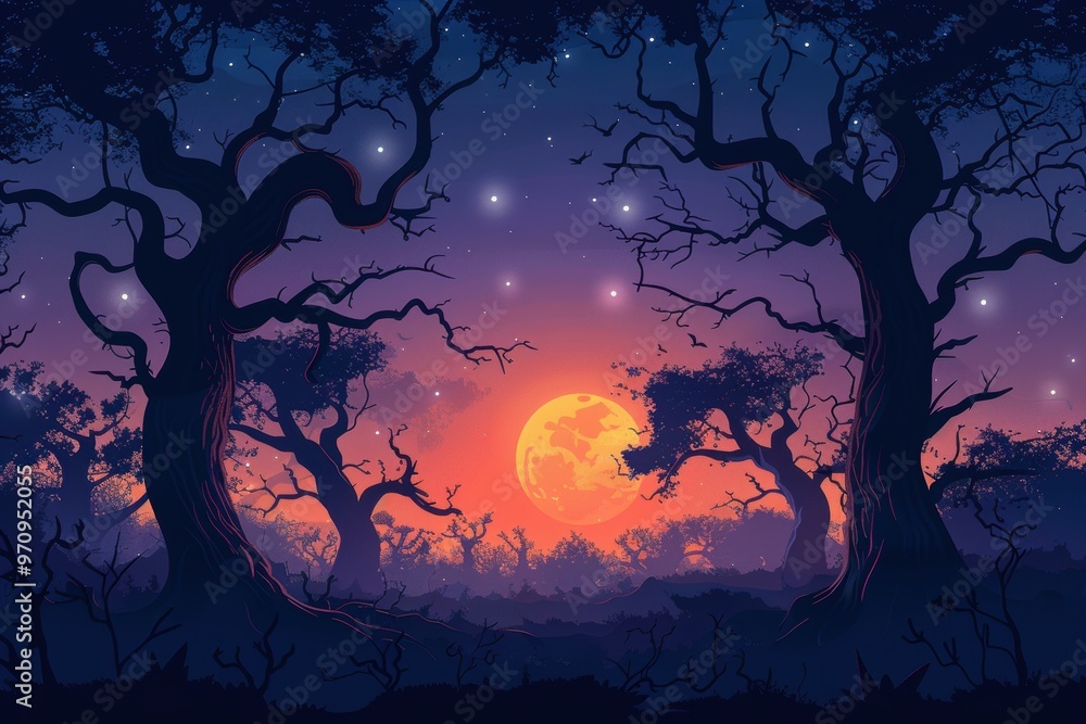 Spooky trees with eerie glow, spooky atmosphere, flat design illustration.