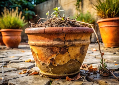 A cracked and faded terracotta pot lies shattered on the ground, surrounded by withered, dying plants and scattered soil, symbolizing neglect and abandonment. photo