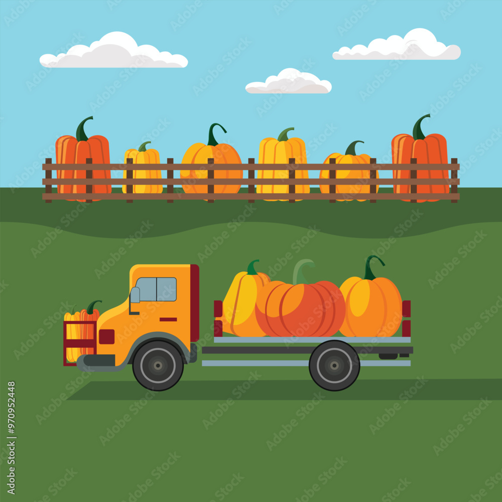 Naklejka premium Fall Illustration Templates with Barn and Pumpkins