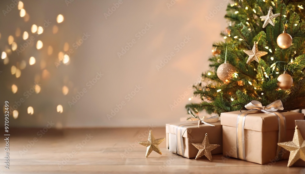 Intimate Holiday Decor - A close up side view of gift boxes and star ornaments positioned near a beautifully decorated Christmas tree. Graphic art illustration with copy space Intimate Holiday Decor - A close up side view of gift boxes and star ornaments positioned near a beautifully decorated Christmas tree. Graphic art illustration with copy space