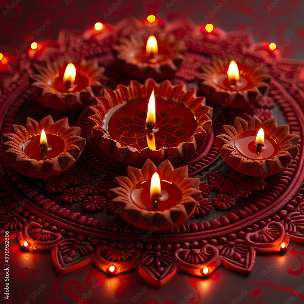 A mandala pattern composed of red and orange lights, with five oil lamps placed in the center surrounded A mandala pattern composed of red and orange lights, with five oil lamps placed in the center surrounded