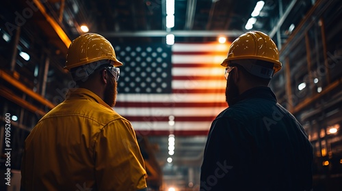 Two construction workers wearing hard hats and safety glasses stand in a factory with the American flag behind them.