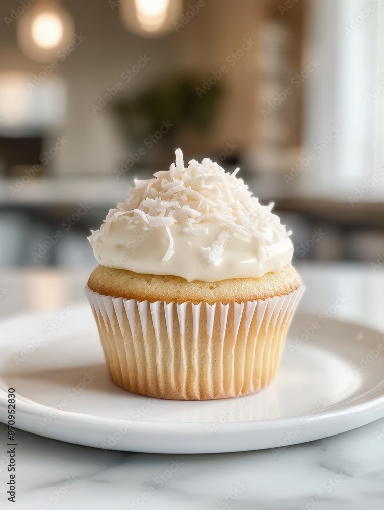 A delicious cupcake topped with creamy frosting and coconut flakes on a white plate. A delicious cupcake topped with creamy frosting and coconut flakes on a white plate.