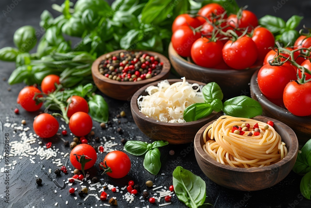 Fresh Italian Ingredients Featuring Tomatoes, Basil, Cheese, and Spaghetti for Authentic Cuisine Recipes Fresh Italian Ingredients Featuring Tomatoes, Basil, Cheese, and Spaghetti for Authentic Cuisine Recipes