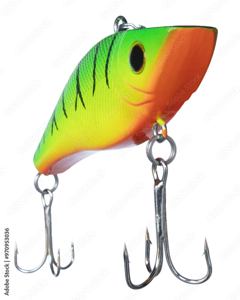 Artificial fishing lure for bass angled toward the camera