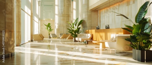 Sleek, sunlit office lobby adorned with modern furniture and greenery, creating a fresh and inviting atmosphere.