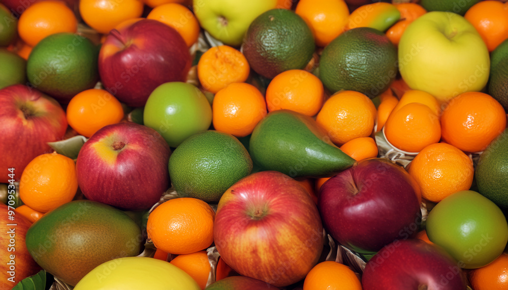 Assorted fresh fruits including apples, oranges, pears, and limes Assorted fresh fruits including apples, oranges, pears, and limes