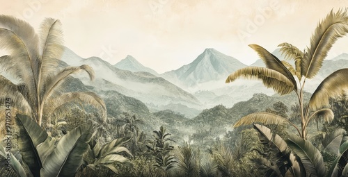 Fototapeta Naklejka Na Ścianę i Meble -  Watercolor painting of a green jungle landscape in retro or vintage style. Watercolor wallpaper pattern. Lush, green rainforest background.