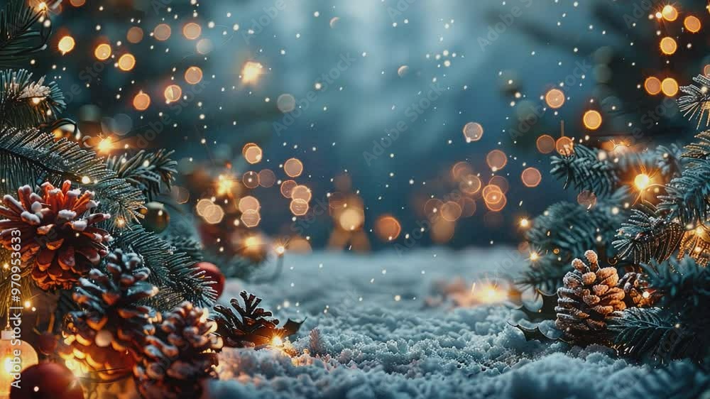 A magical winter scene featuring pinecones and evergreen branches adorned with twinkling Christmas lights. A magical winter scene featuring pinecones and evergreen branches adorned with twinkling Christmas lights.