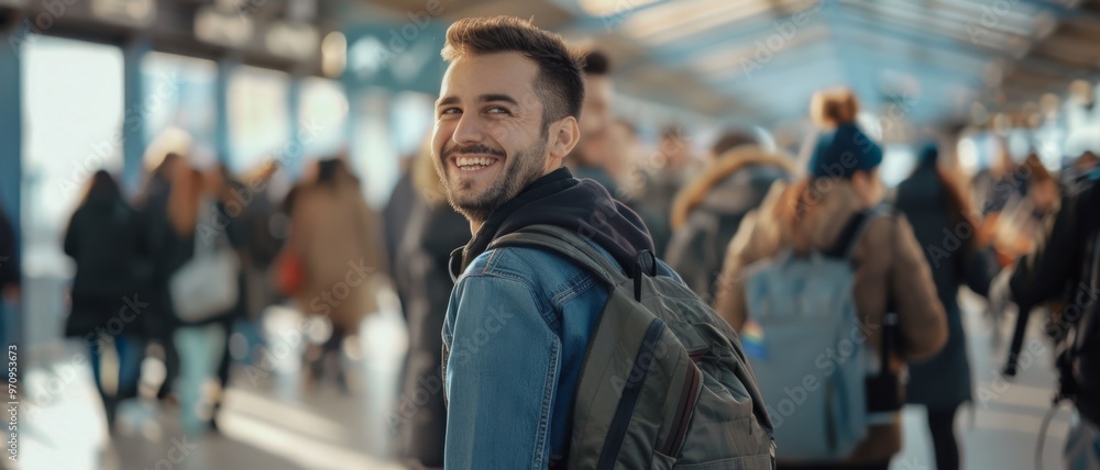 A smiling man with a backpack stands in a busy train station, looking back over his shoulder, capturing a moment of travel and anticipation amid a bustling crowd. A smiling man with a backpack stands in a busy train station, looking back over his shoulder, capturing a moment of travel and anticipation amid a bustling crowd.
