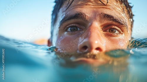 Close-up of a man's face emerging from water, capturing his focused expression and highlighting the themes of challenge and determination in overcoming obstacles.