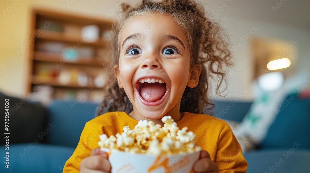 A joyful child with curly hair looks delighted while holding a bowl of popcorn, expressing excitement and wonder against a comfortable homey background. A joyful child with curly hair looks delighted while holding a bowl of popcorn, expressing excitement and wonder against a comfortable homey background.