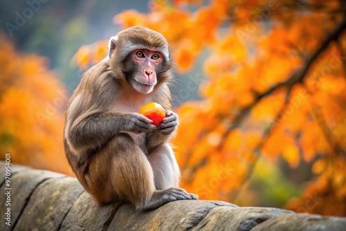 A curious, fluffy Korean monkey, also known as a rhesus macaque, sits on a stone wall, snacking on a bright orange persimmon fruit in autumn. photo