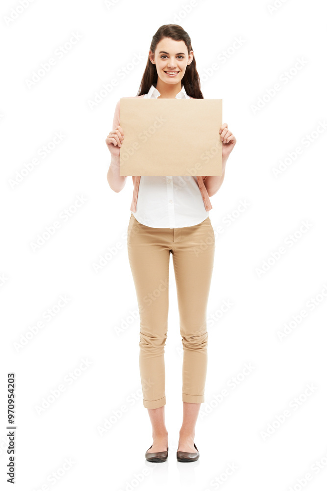Poster, business and portrait of woman in studio for news, announcement and information. Happy, mockup space and isolated person with banner for feedback, advertising or promotion on white background