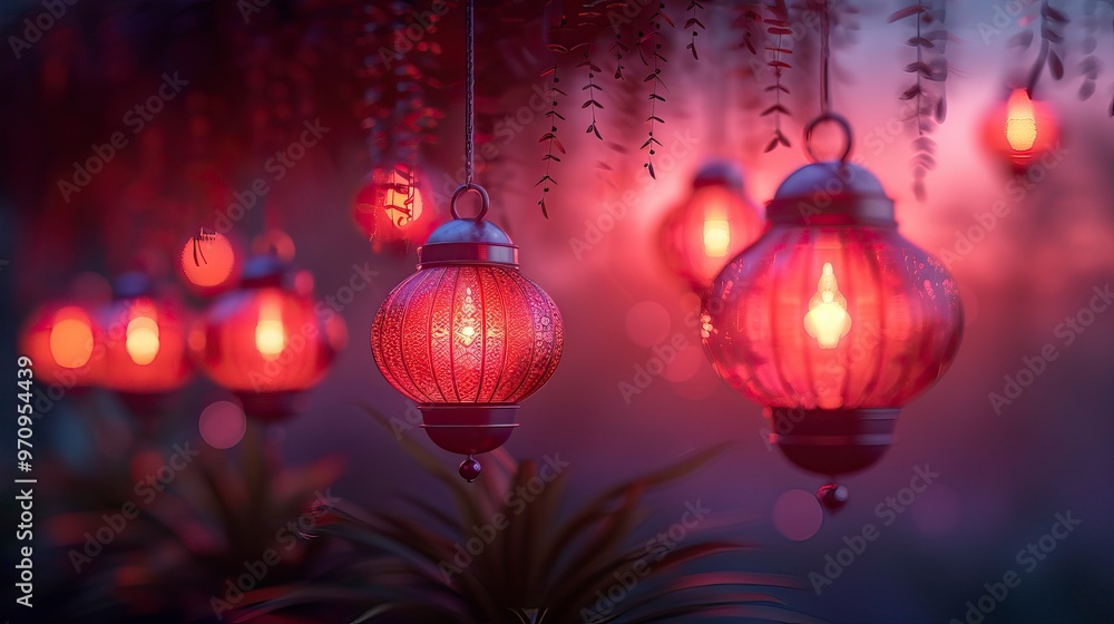 Diwali lamps hanging in a row on a purple background, vector illustration with copy space for text design Diwali lamps hanging in a row on a purple background, vector illustration with copy space for text design