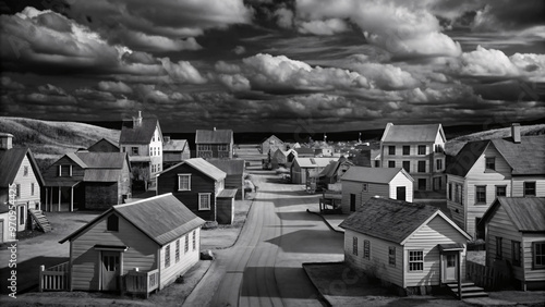 A monochromatic aerial view of a compact town with uniformly designed houses, showcasing a structured, grid-like town layout against a stark landscape photo