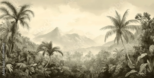 Fototapeta Naklejka Na Ścianę i Meble -  Watercolor painting of a green jungle landscape in retro or vintage style. Watercolor wallpaper pattern. Lush, green rainforest background.