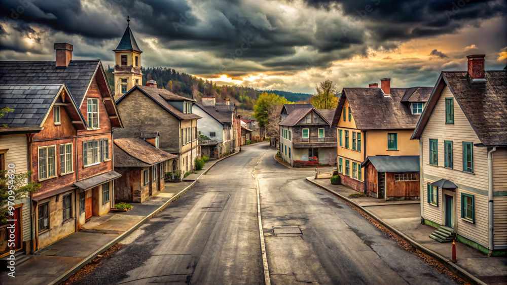 A picturesque view of an old town street with traditional houses under a dramatic sky, emphasizing a tranquil, almost timeless atmosphere A picturesque view of an old town street with traditional houses under a dramatic sky, emphasizing a tranquil, almost timeless atmosphere