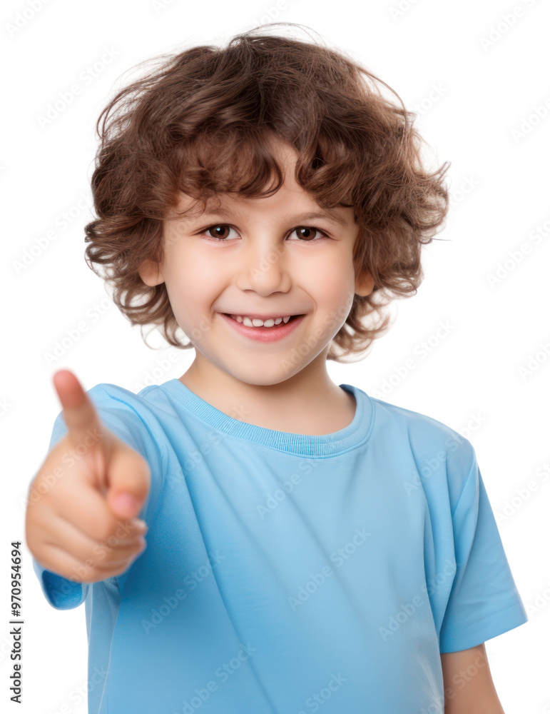 Cute smiling boy in blue t-shirt pointing right with finger smile hand white background. Cute smiling boy in blue t-shirt pointing right with finger smile hand white background.
